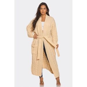 LOVE SENSE Cream Cable Knit Longline Duster Cardigan Belted Pockets